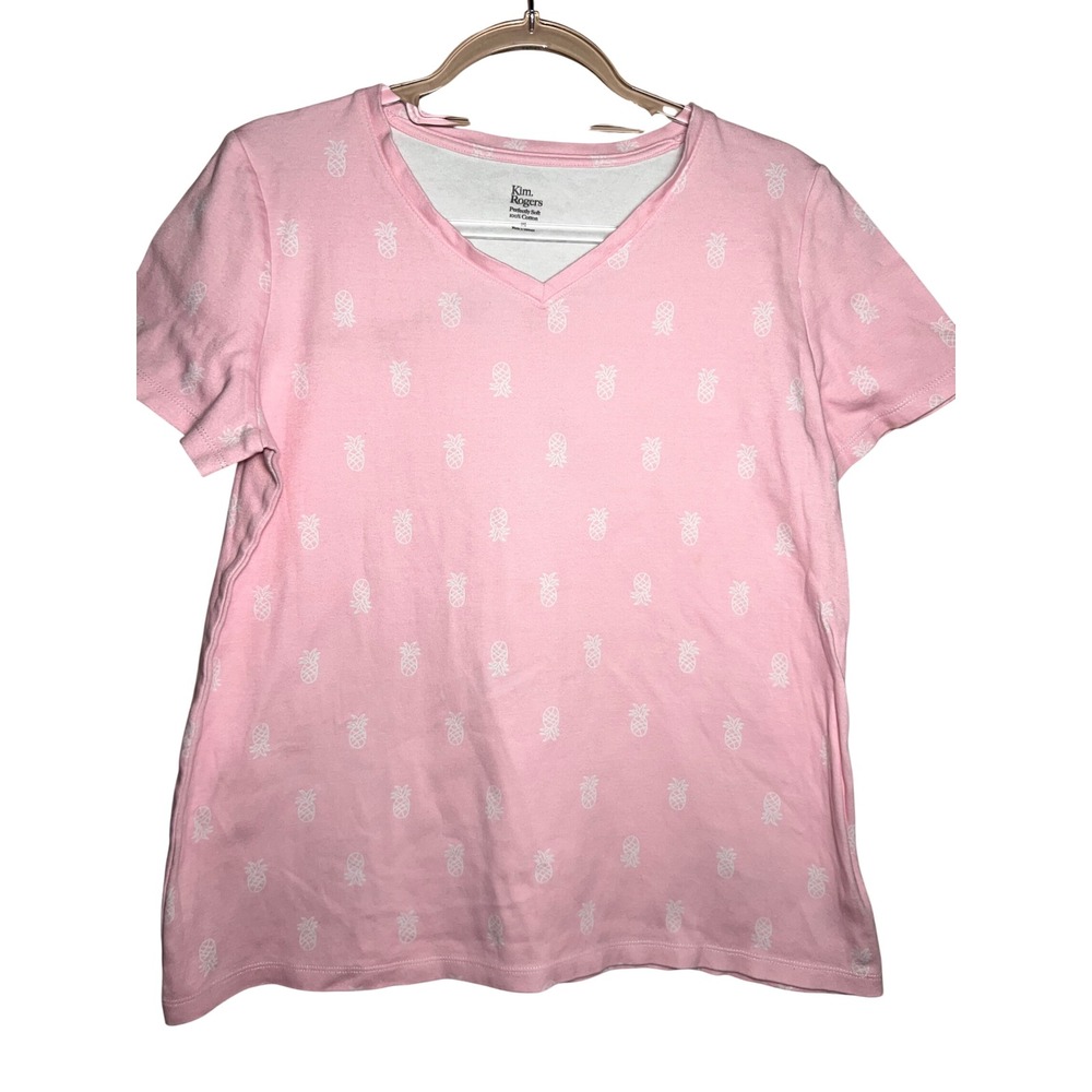 Kim Rogers Pink Pineapple Print V-Neck T-Shirt Women Size Medium 100% Cotton